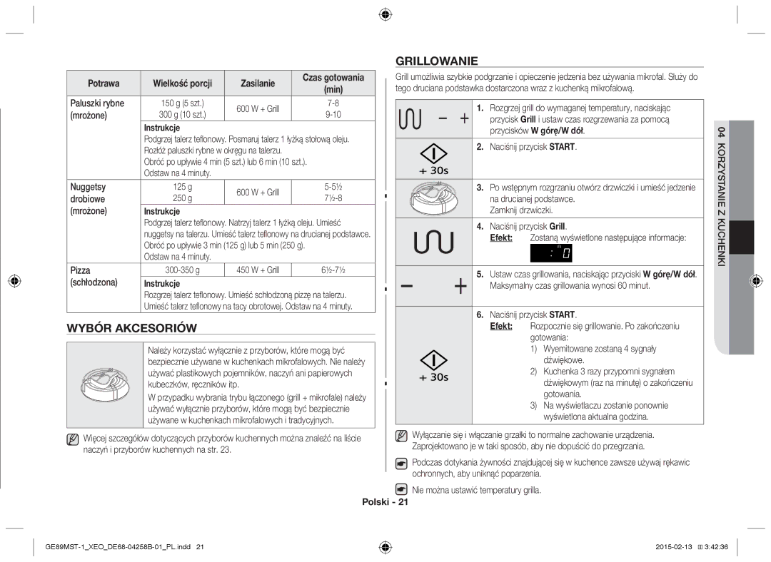 Samsung GE89MST-1/XEG manual Grillowanie, Wybór akcesoriów 