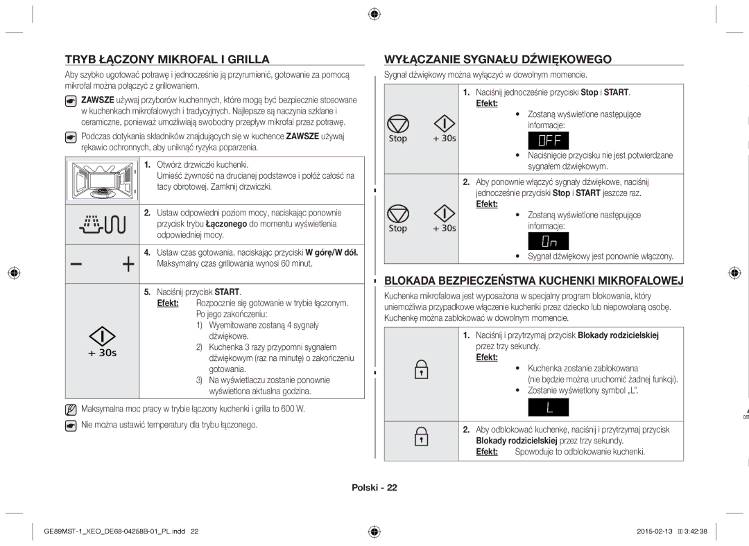 Samsung GE89MST-1/XEG manual Tryb łączony mikrofal i grilla, Wyłączanie sygnału dźwiękowego 