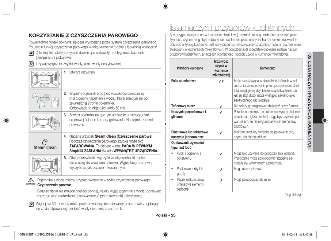 Samsung GE89MST-1/XEG manual Lista naczyń i przyborów kuchennych, Korzystanie z czyszczenia parowego 