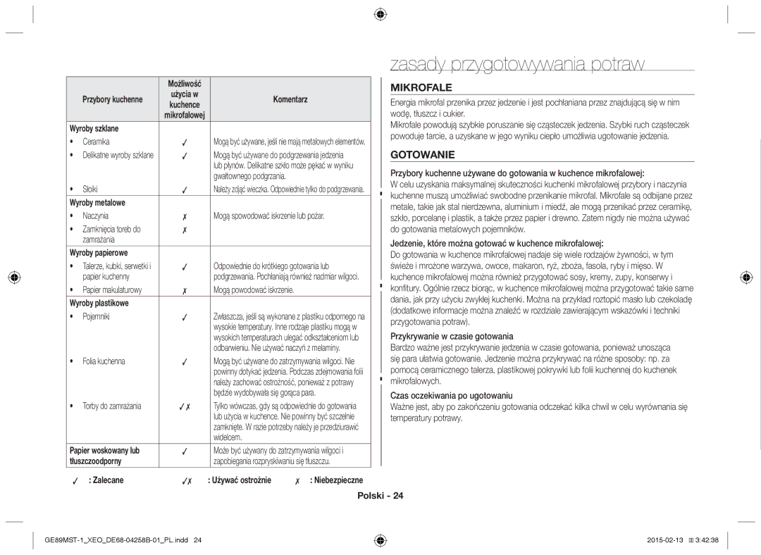 Samsung GE89MST-1/XEG manual Zasady przygotowywania potraw, Mikrofale, Gotowanie 