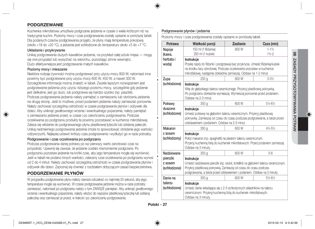 Samsung GE89MST-1/XEG manual Podgrzewanie Płynów, Potrawa Wielkość porcji Zasilanie Czas min 