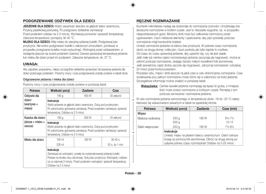 Samsung GE89MST-1/XEG manual Podgrzewanie Odżywek DLA Dzieci Ręczne Rozmrażanie, Uwaga 