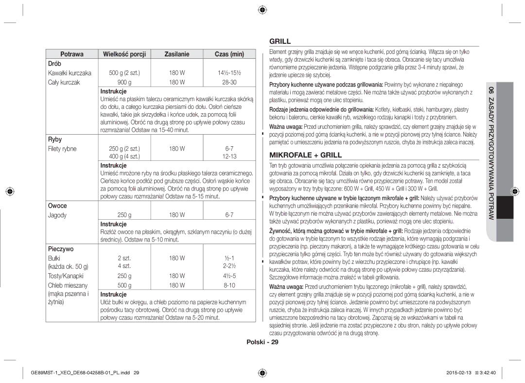 Samsung GE89MST-1/XEG manual Mikrofale + Grill, 06ZASADY Przygotowywania Potraw 