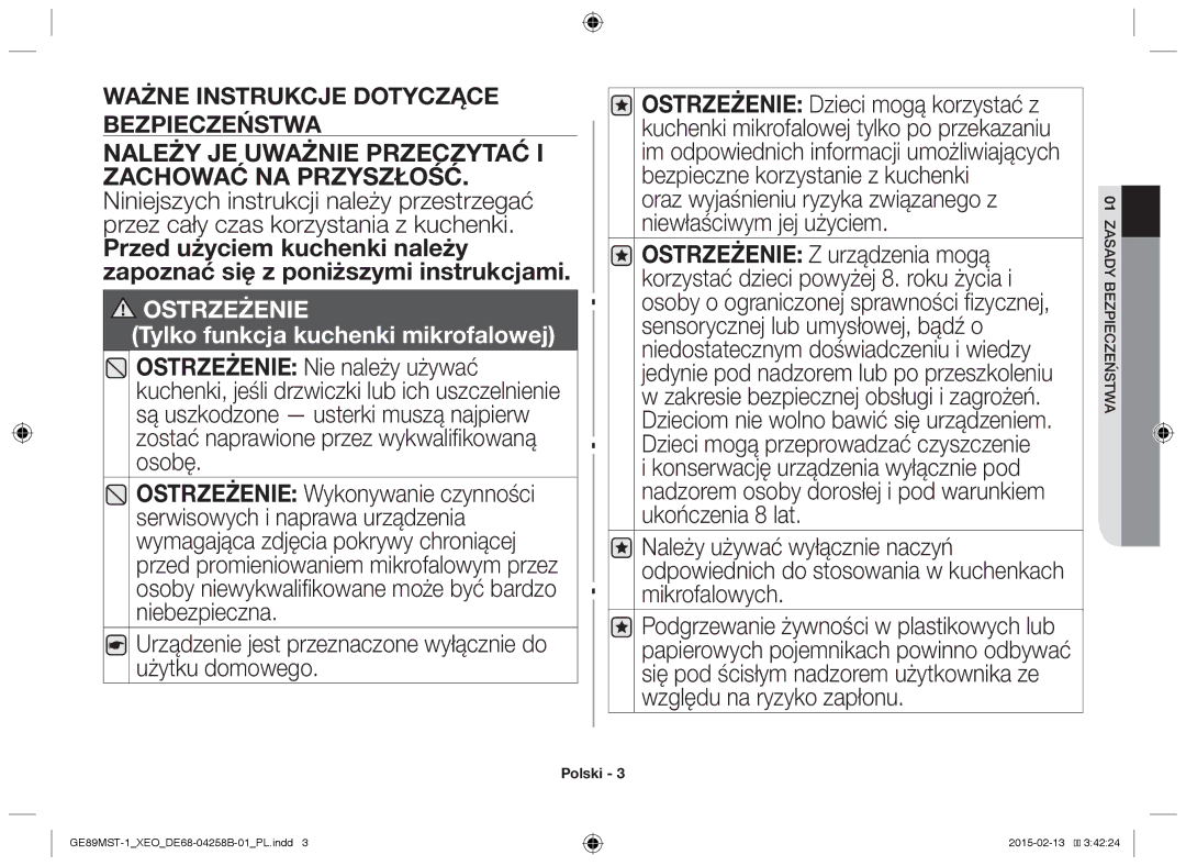 Samsung GE89MST-1/XEG manual Urządzenie jest przeznaczone wyłącznie do użytku domowego, 01zasady bezpieczeństwa 