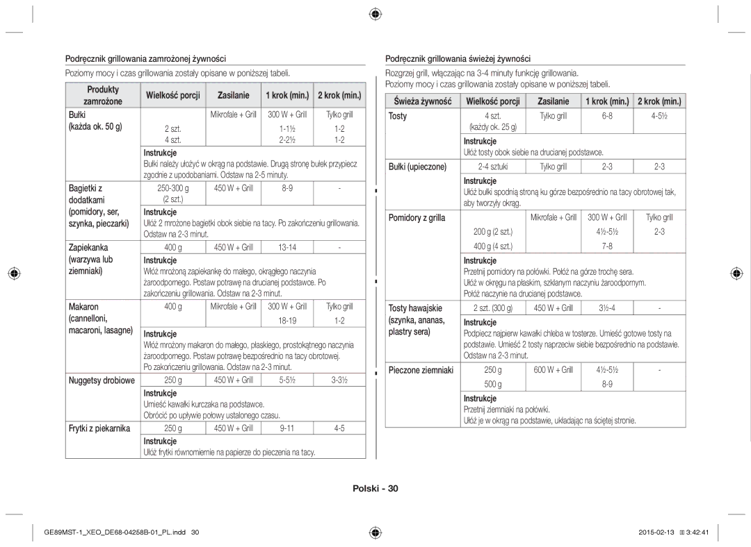 Samsung GE89MST-1/XEG manual Produkty, Zamrożone 