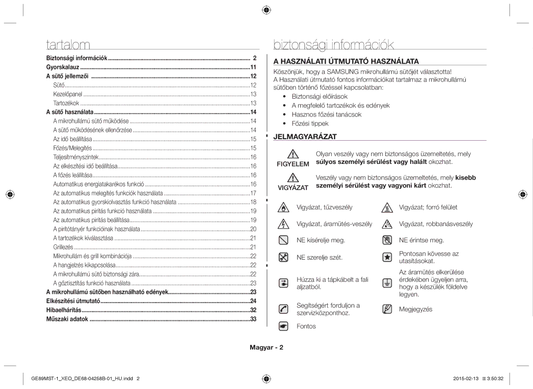 Samsung GE89MST-1/XEG Tartalom, Biztonsági információk, Figyelem súlyos személyi sérülést vagy halált okozhat, Magyar 