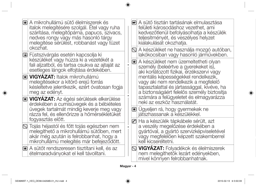 Samsung GE89MST-1/XEG manual GE89MST-1XEODE68-04258B-01HU.indd 2015-02-13 35033 