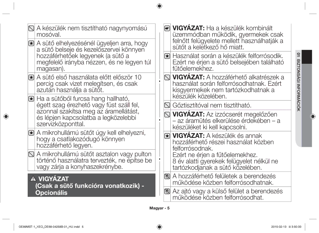 Samsung GE89MST-1/XEG manual Csak a sütő funkcióra vonatkozik Opcionális 