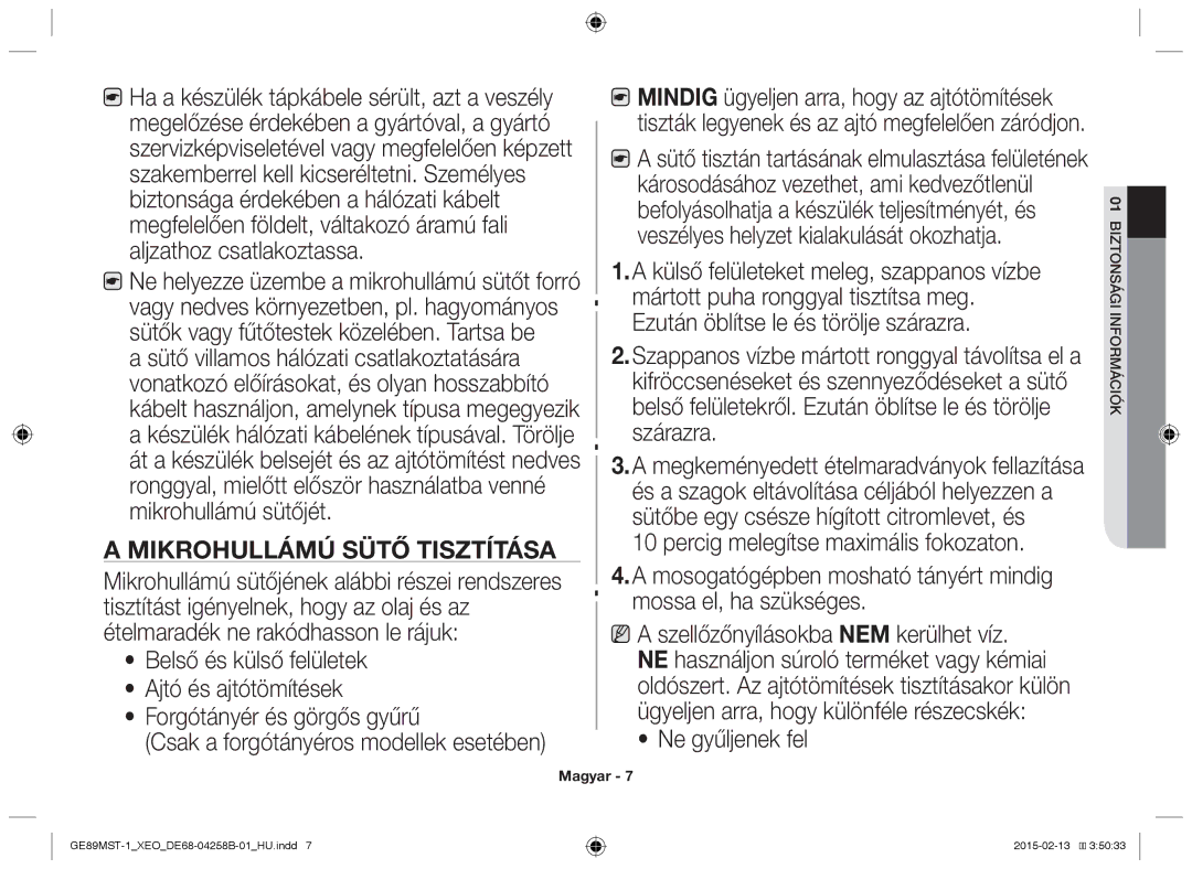 Samsung GE89MST-1/XEG manual Mikrohullámú sütő tisztítása 