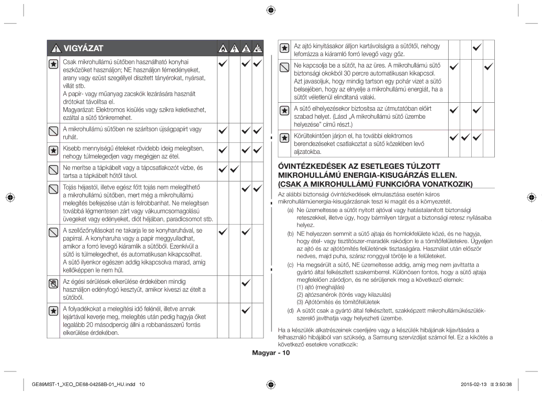 Samsung GE89MST-1/XEG manual Vigyázat 