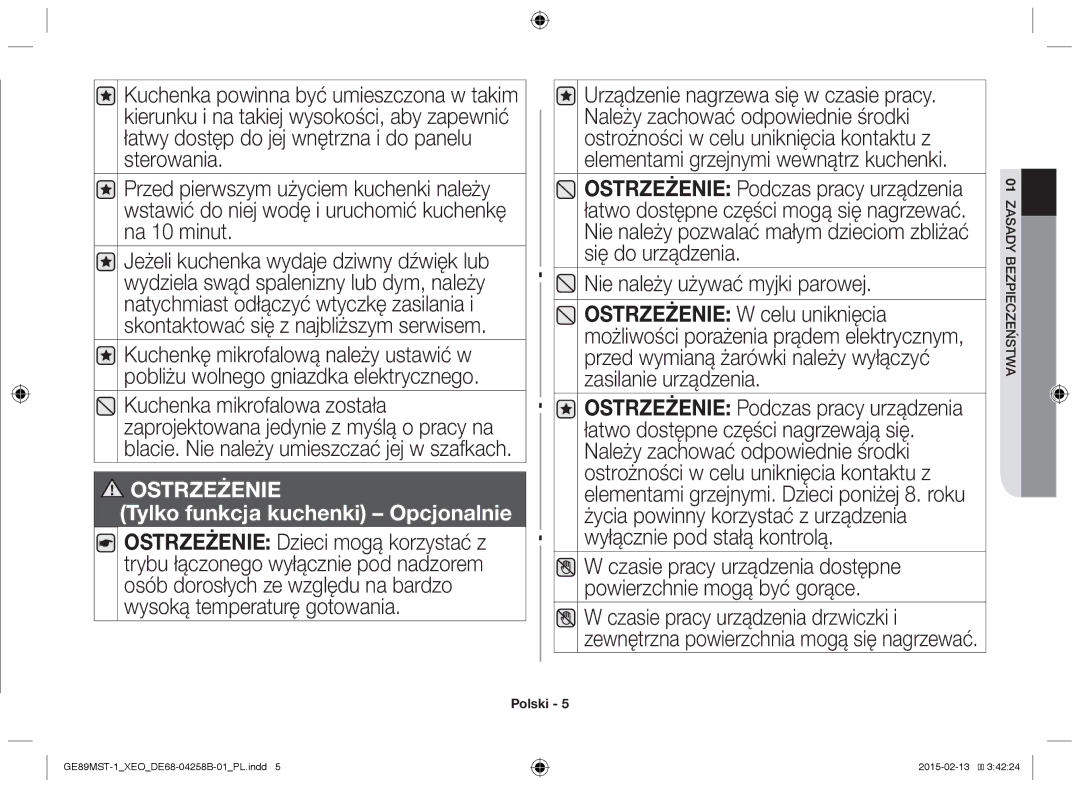 Samsung GE89MST-1/XEG manual Tylko funkcja kuchenki Opcjonalnie 