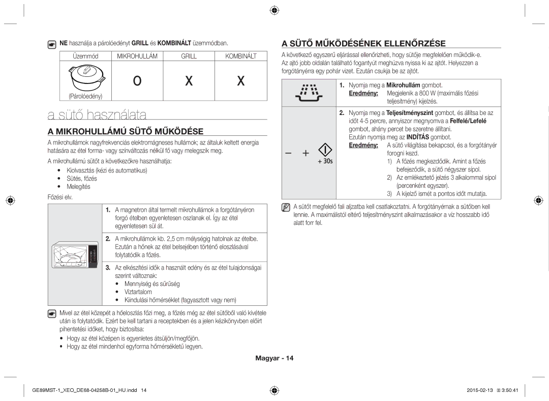 Samsung GE89MST-1/XEG manual Sütő használata, Mikrohullámú sütő működése, Sütő működésének ellenőrzése, Mikrohullám Grill 