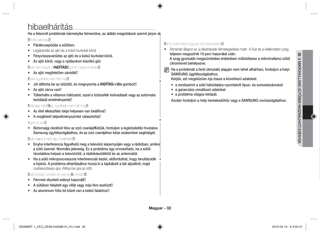 Samsung GE89MST-1/XEG manual Hibaelhárítás, Sütő zavarja a rádió- vagy televízióvételt 