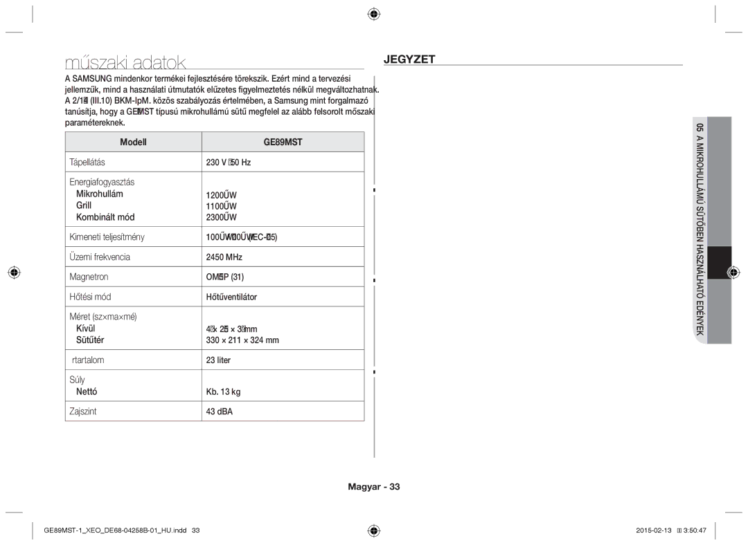 Samsung GE89MST-1/XEG manual Jegyzet, Modell, Hárítás és 07Hibaelműszaki leírás 