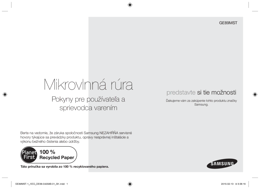 Samsung GE89MST-1/XEG manual Táto príručka sa vyrobila zo 100 % recyklovaného papiera 