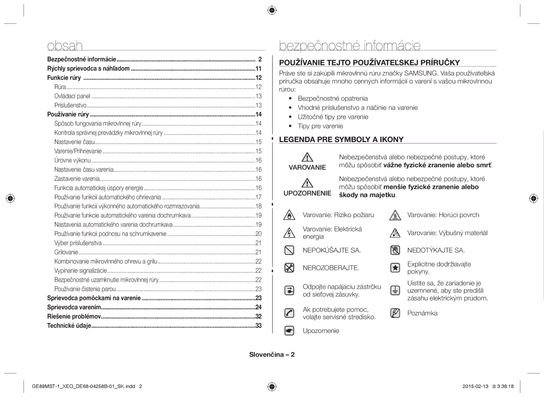 Samsung GE89MST-1/XEG manual Obsah, Bezpečnostné informácie, Slovenčina 