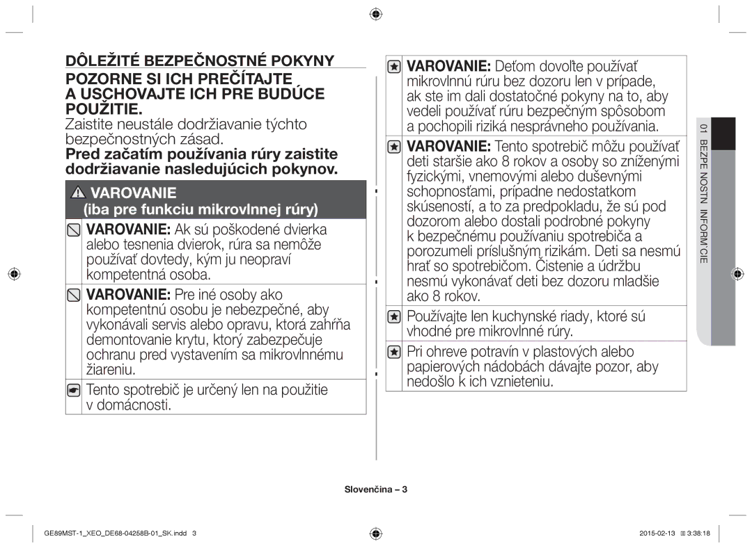 Samsung GE89MST-1/XEG manual Zaistite neustále dodržiavanie týchto bezpečnostných zásad, 01Bezpečnostné informácie 