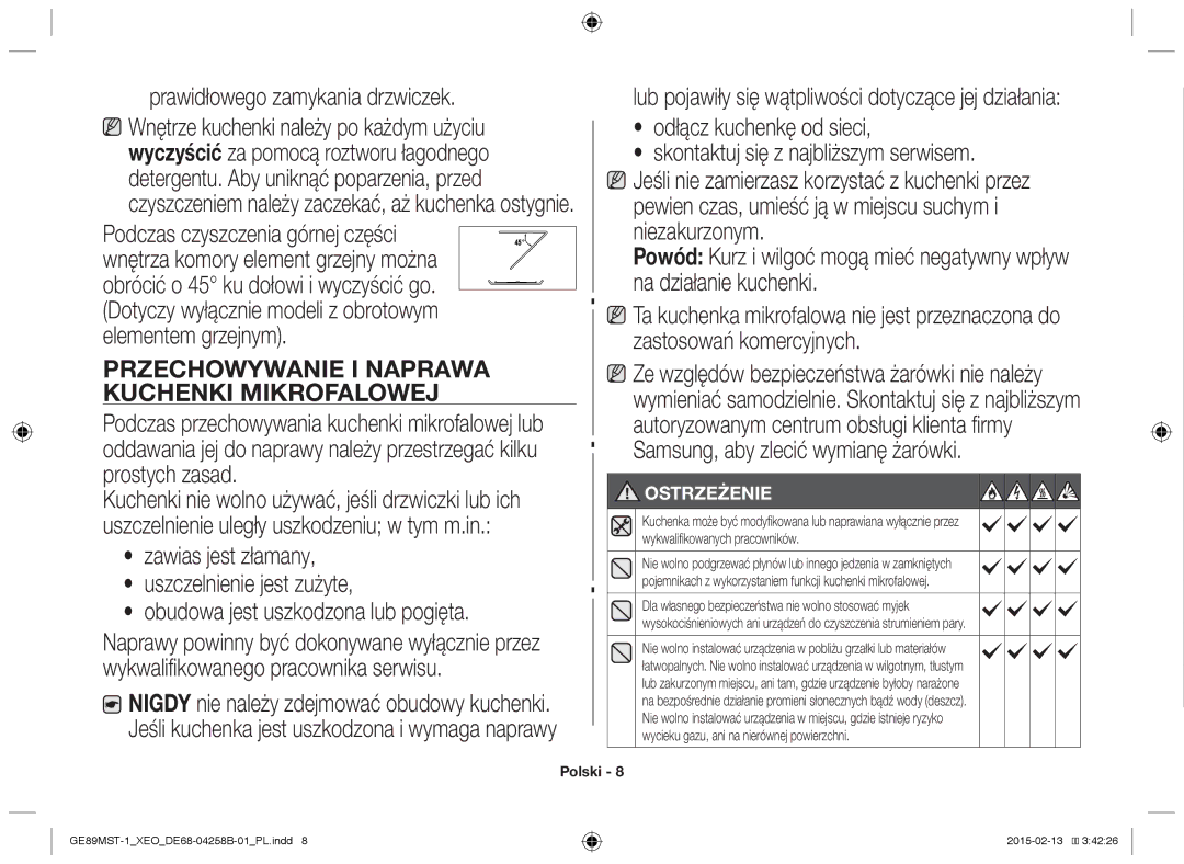 Samsung GE89MST-1/XEG manual Przechowywanie i naprawa, Kuchenki mikrofalowej 