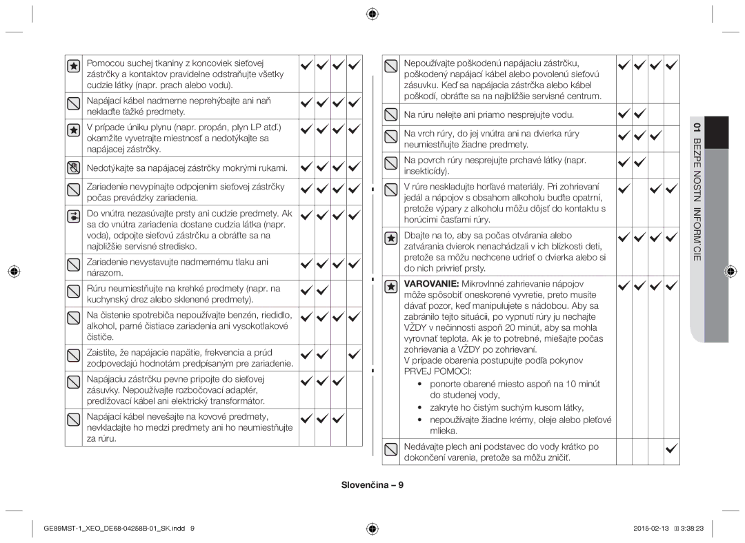 Samsung GE89MST-1/XEG manual Prípade obarenia postupujte podľa pokynov, Prvej Pomoci 