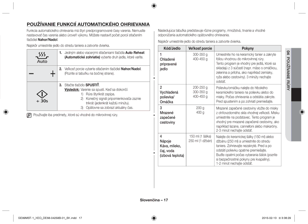 Samsung GE89MST-1/XEG manual Používanie funkcií automatického ohrievania, Kód/Jedlo, Pokyny 