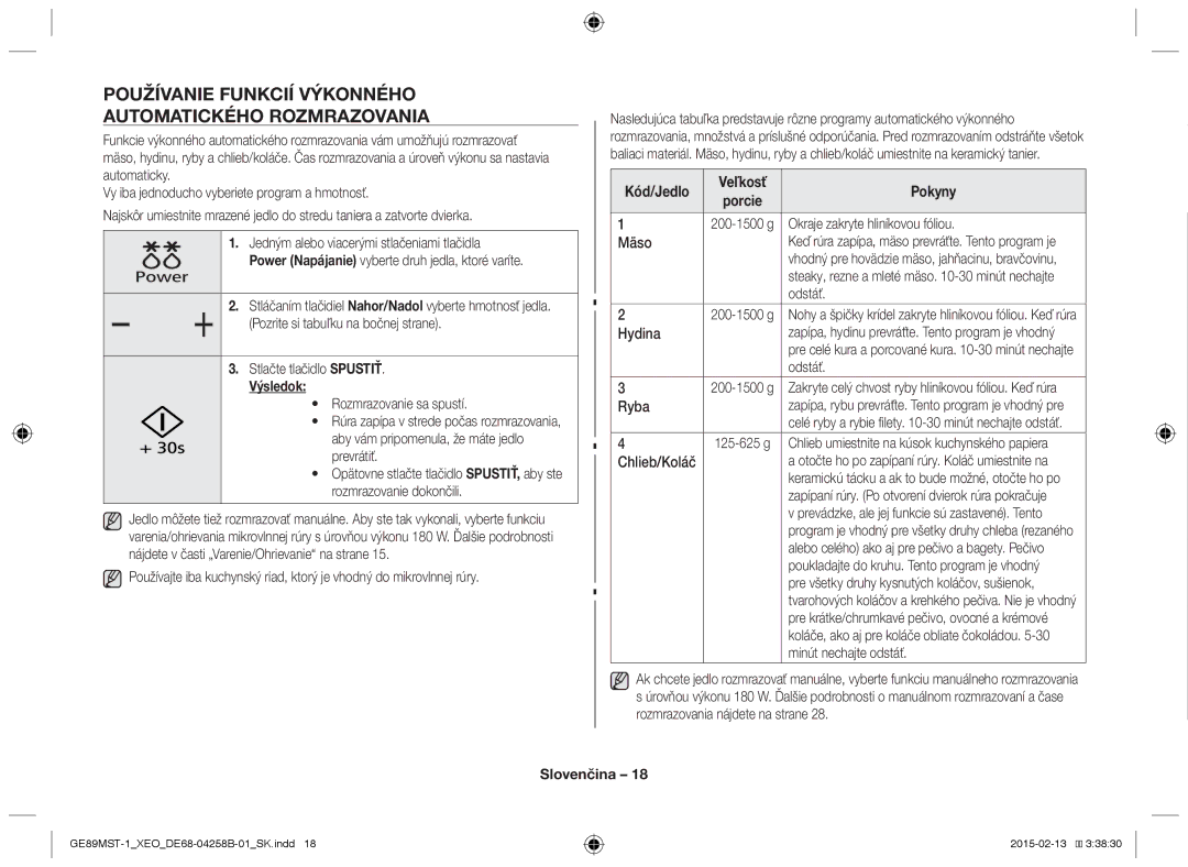 Samsung GE89MST-1/XEG manual Používanie funkcií výkonného automatického rozmrazovania, Výsledok 