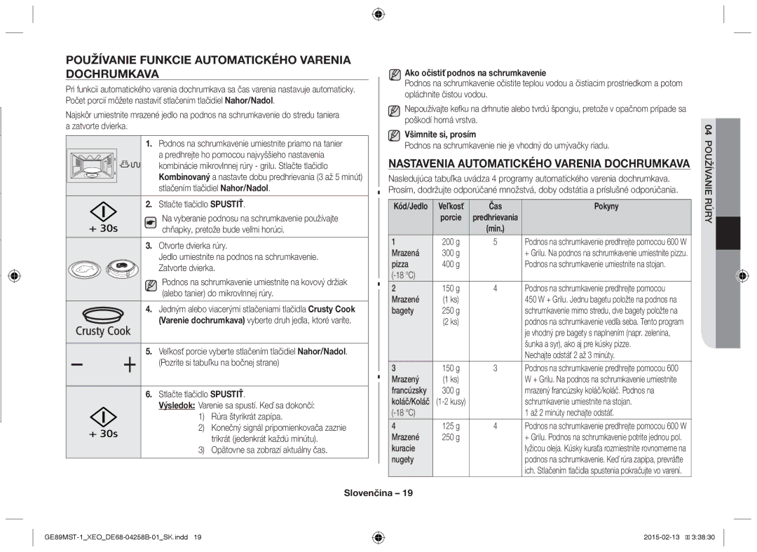 Samsung GE89MST-1/XEG Používanie funkcie automatického varenia dochrumkava, Nastavenia automatického varenia dochrumkava 