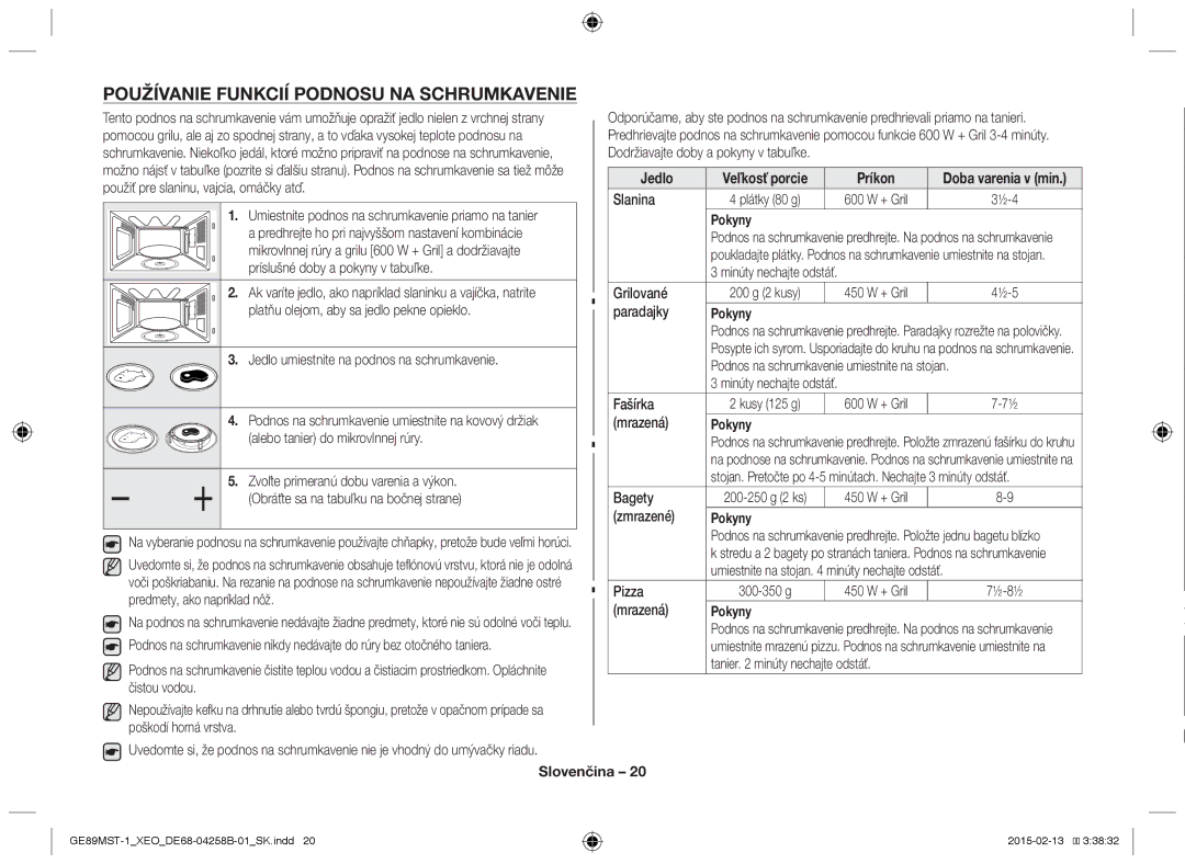 Samsung GE89MST-1/XEG manual Používanie funkcií podnosu na schrumkavenie, Jedlo 