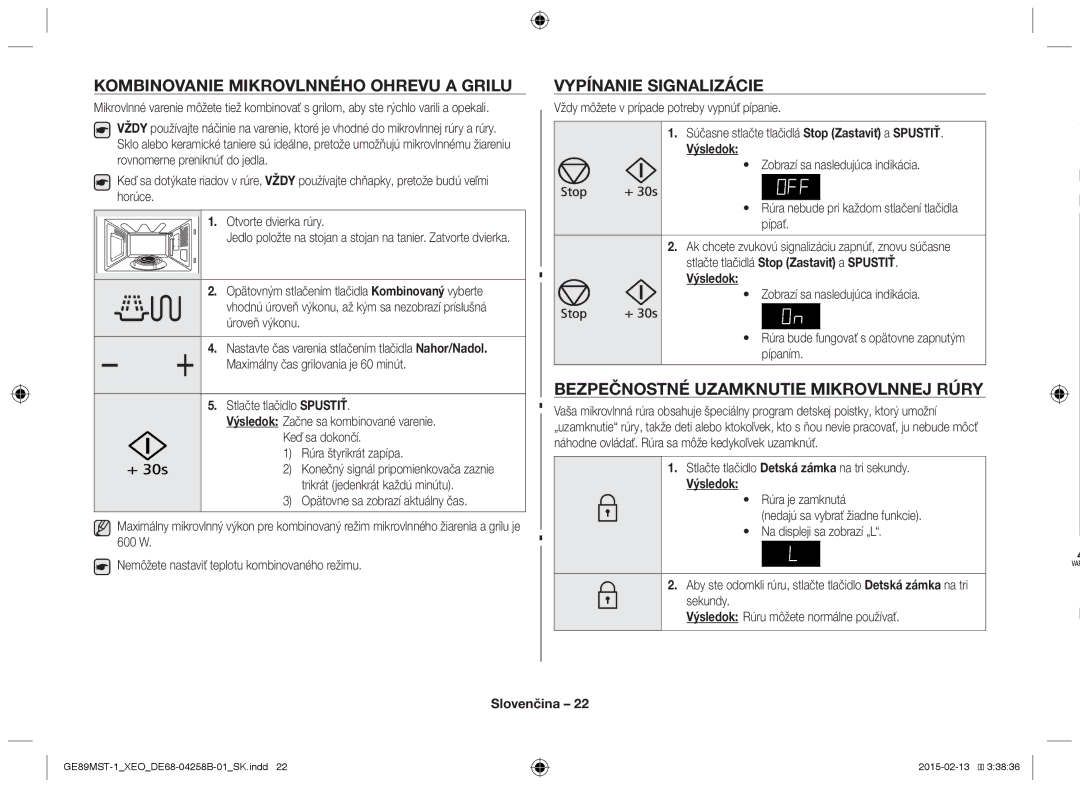 Samsung GE89MST-1/XEG manual Kombinovanie mikrovlnného ohrevu a grilu, Vypínanie signalizácie 