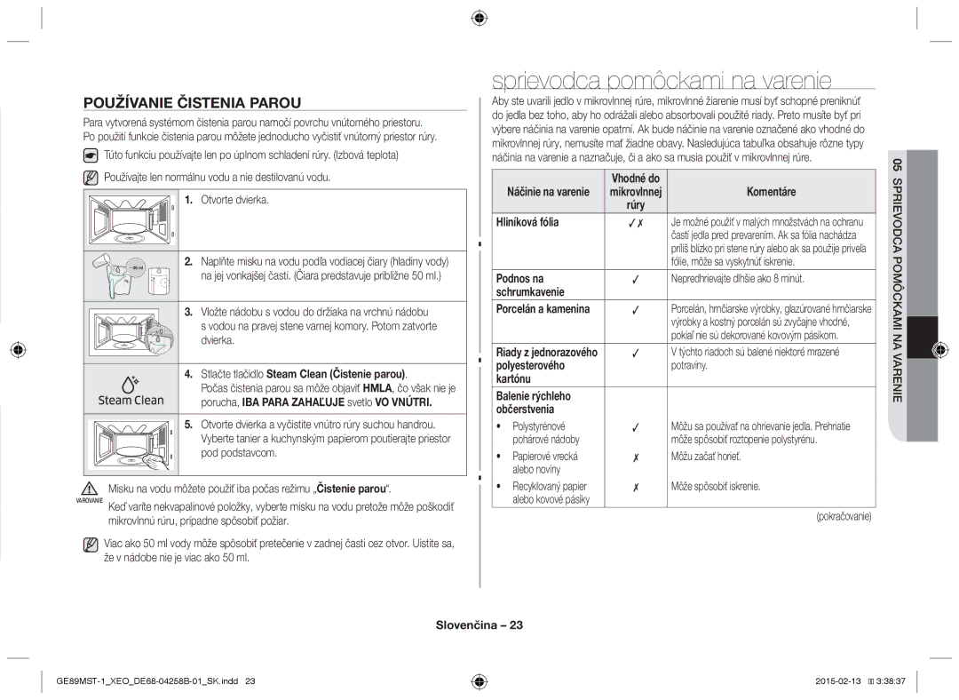 Samsung GE89MST-1/XEG manual Sprievodca pomôckami na varenie, Používanie čistenia parou 