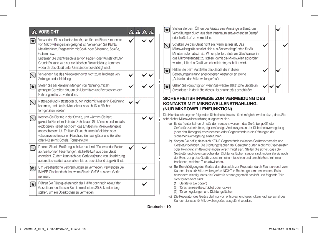 Samsung GE89MST-1/XEG manual Vorsicht 