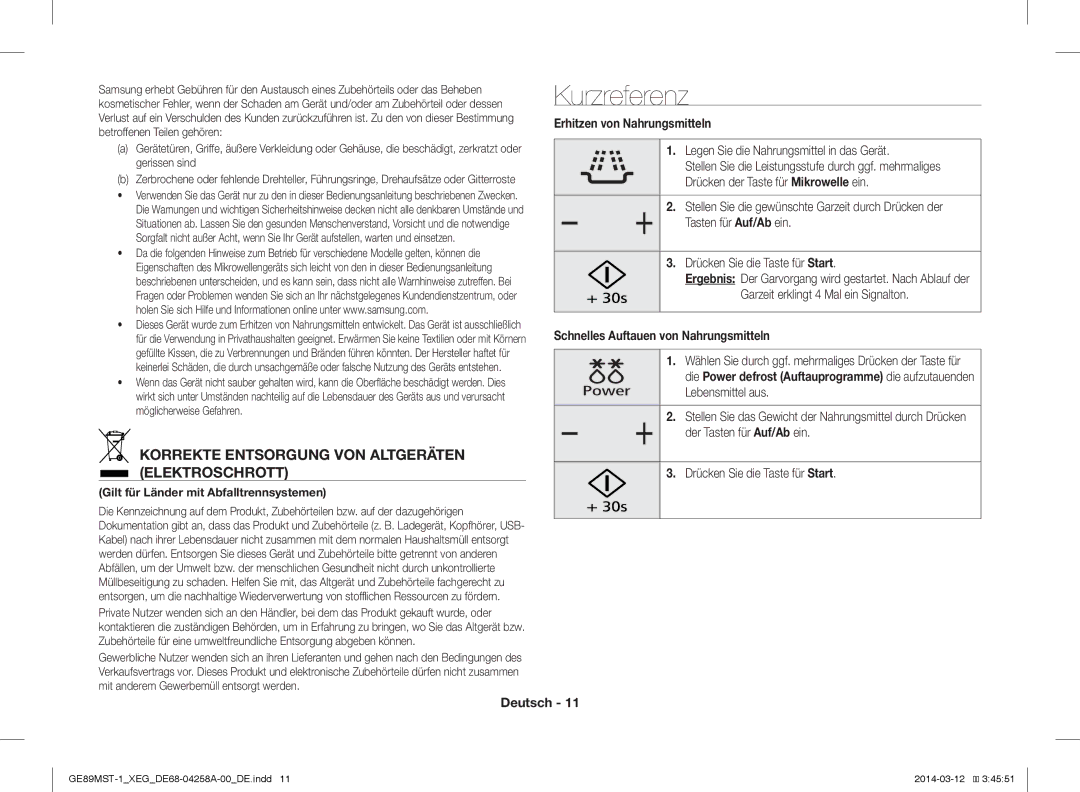 Samsung GE89MST-1/XEG manual Kurzreferenz, Korrekte Entsorgung VON Altgeräten Elektroschrott, Erhitzen von Nahrungsmitteln 