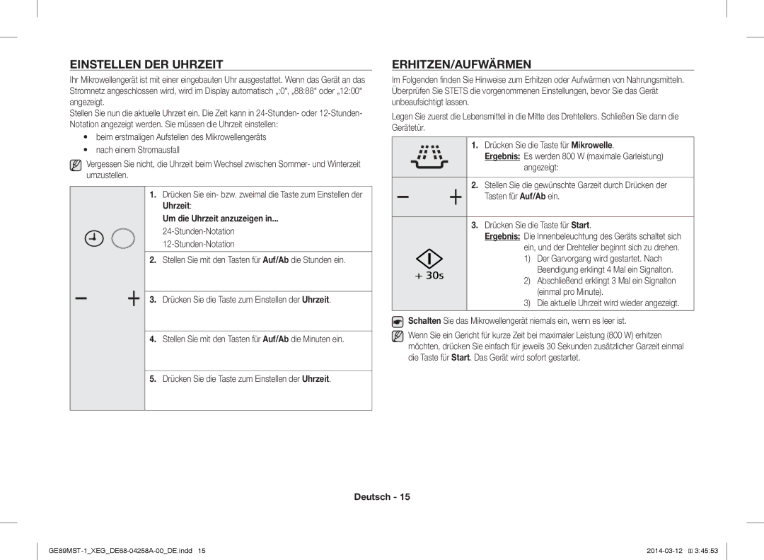 Samsung GE89MST-1/XEG manual Einstellen DER Uhrzeit, Erhitzen/Aufwärmen, Um die Uhrzeit anzuzeigen 