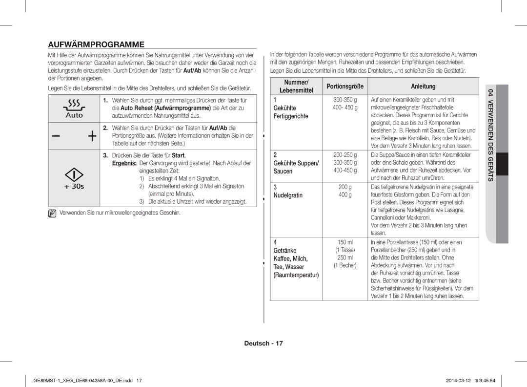 Samsung GE89MST-1/XEG manual Aufwärmprogramme, Nummer, Anleitung 