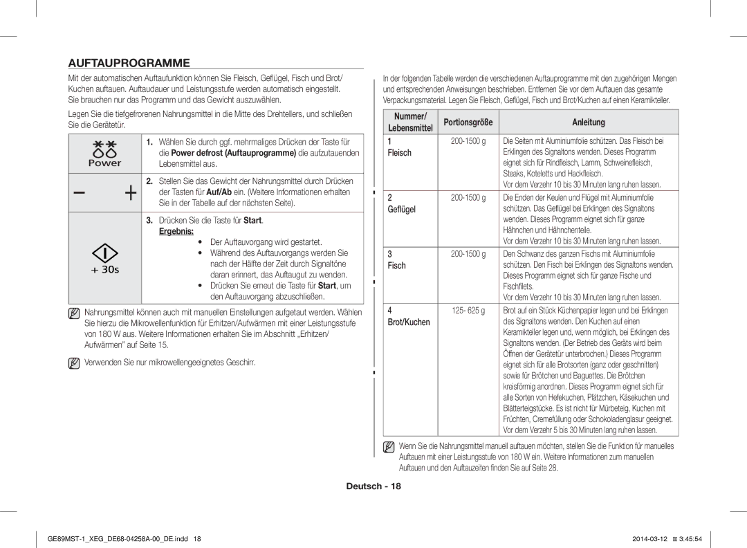 Samsung GE89MST-1/XEG manual Auftauprogramme, Ergebnis, Portionsgröße 