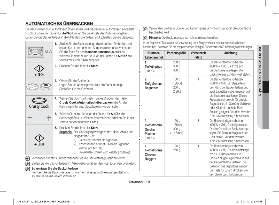 Samsung GE89MST-1/XEG manual Automatisches Überbacken, So reinigen Sie die Backunterlage 