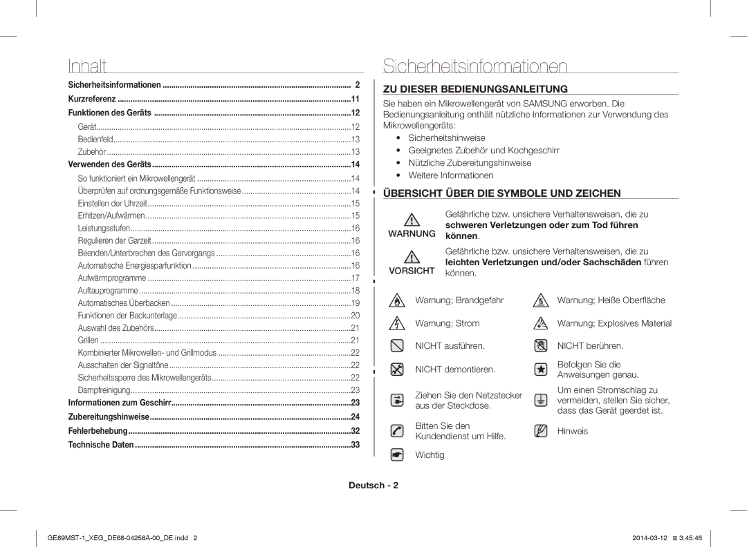 Samsung GE89MST-1/XEG manual Inhalt, Sicherheitsinformationen, ZU Dieser Bedienungsanleitung, Deutsch 