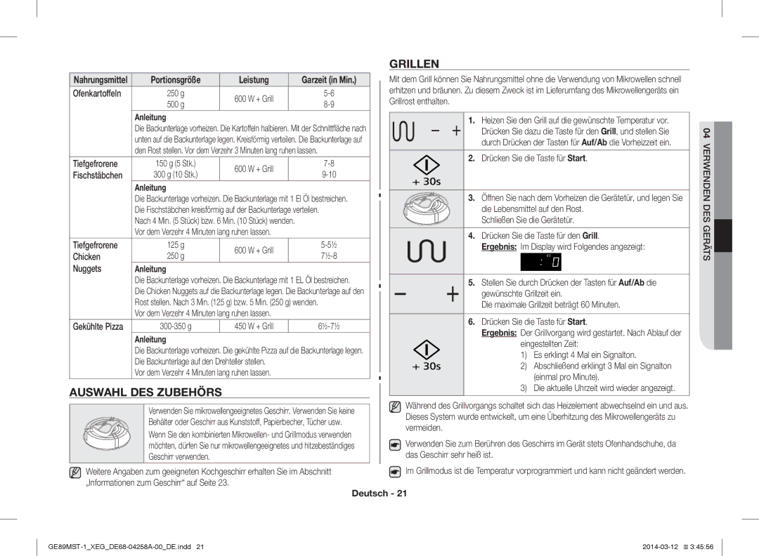 Samsung GE89MST-1/XEG manual Grillen, Auswahl DES Zubehörs, Portionsgröße Leistung 