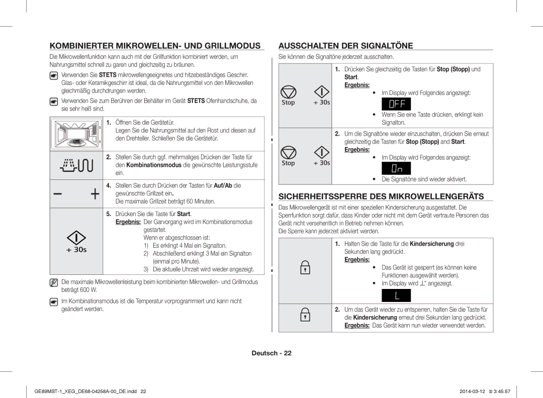 Samsung GE89MST-1/XEG manual Kombinierter MIKROWELLEN- UND Grillmodus, Ausschalten DER Signaltöne, Start Ergebnis 