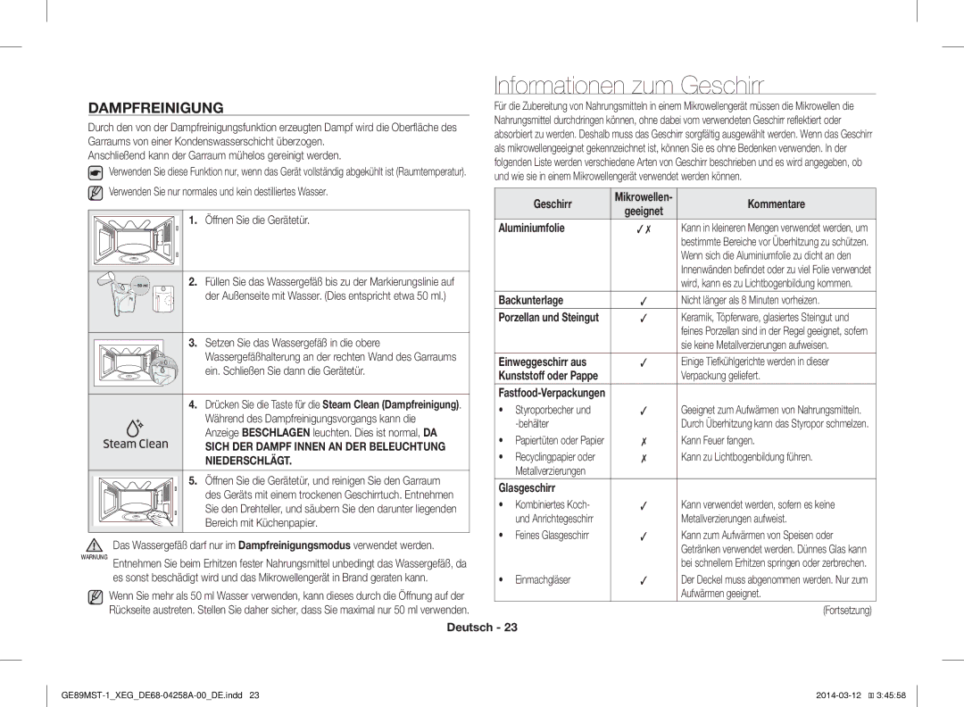 Samsung GE89MST-1/XEG manual Informationen zum Geschirr, Dampfreinigung 