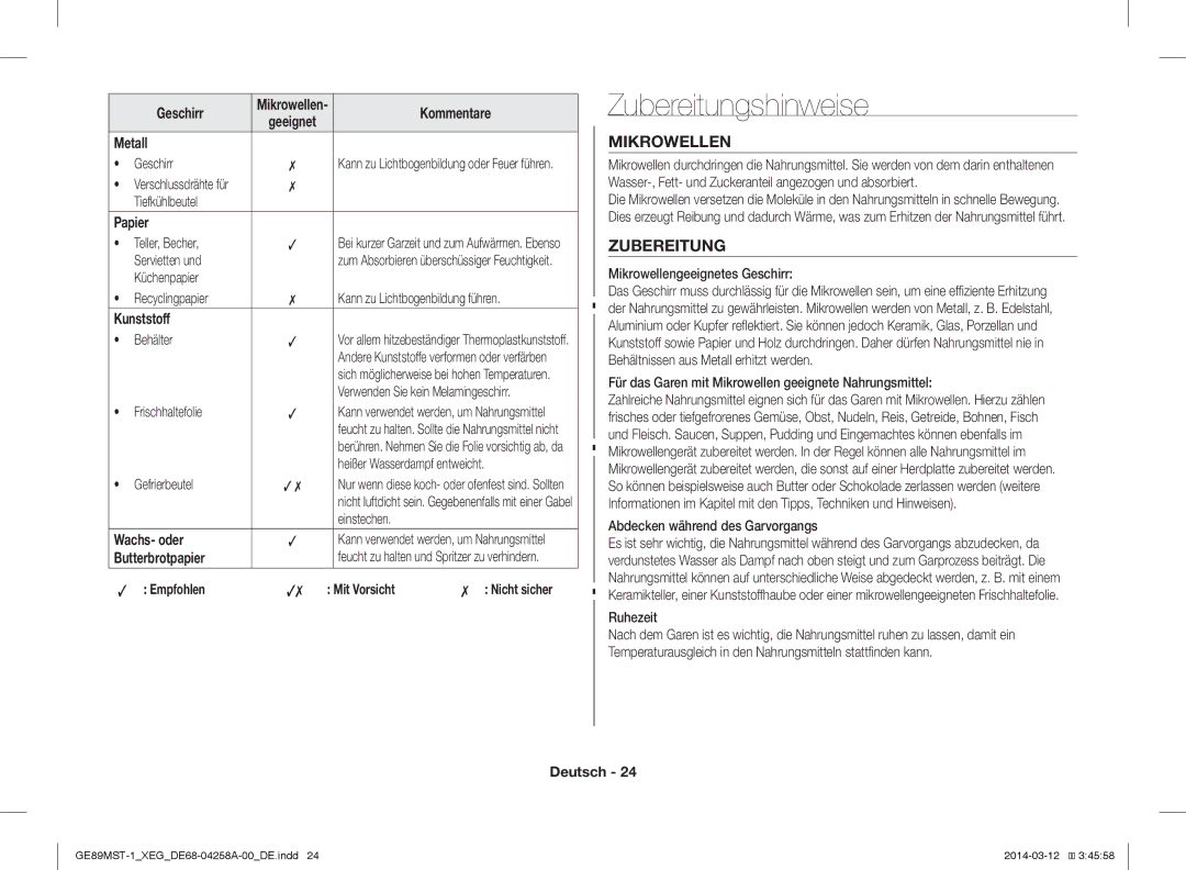 Samsung GE89MST-1/XEG manual Zubereitungshinweise, Mikrowellen 