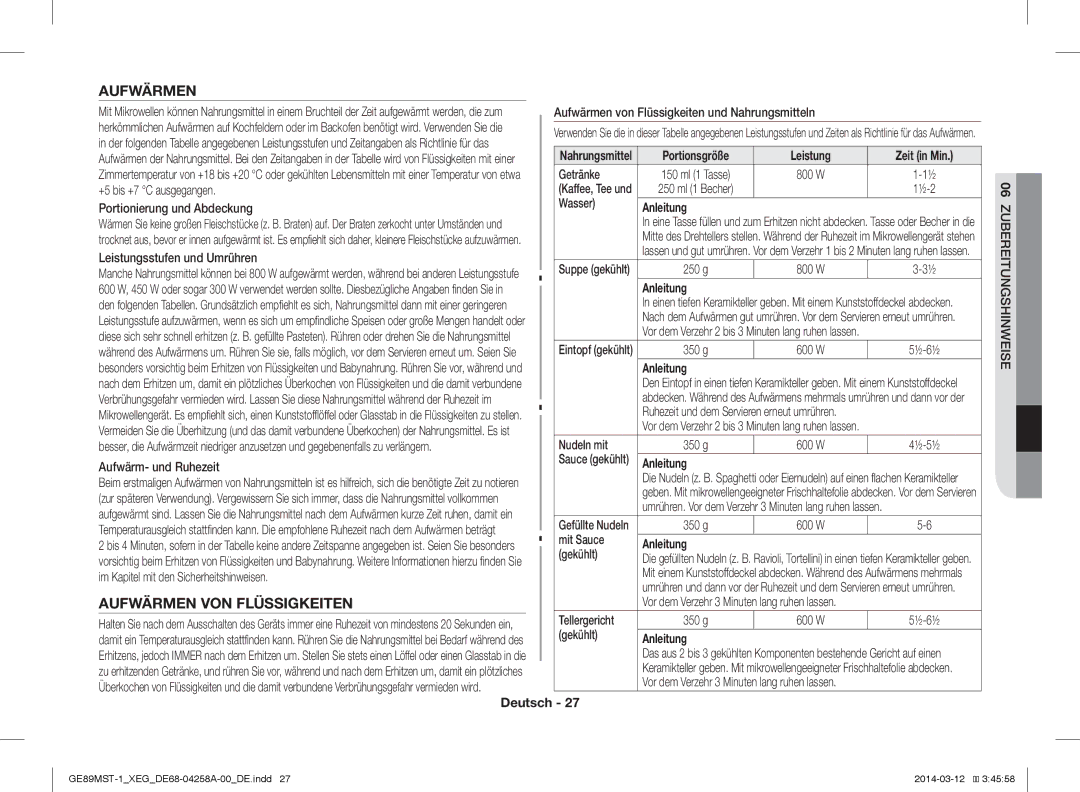 Samsung GE89MST-1/XEG manual Aufwärmen VON Flüssigkeiten 