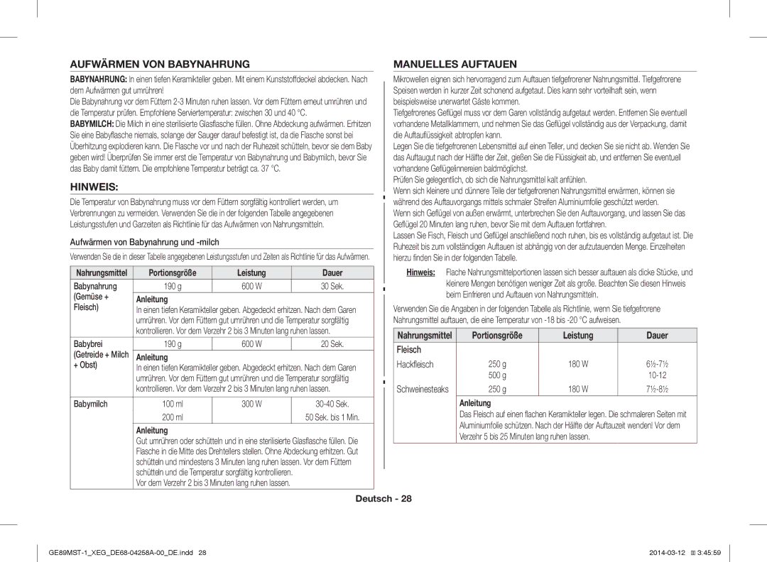 Samsung GE89MST-1/XEG manual Aufwärmen VON Babynahrung, Hinweis, Manuelles Auftauen, Leistung Dauer 