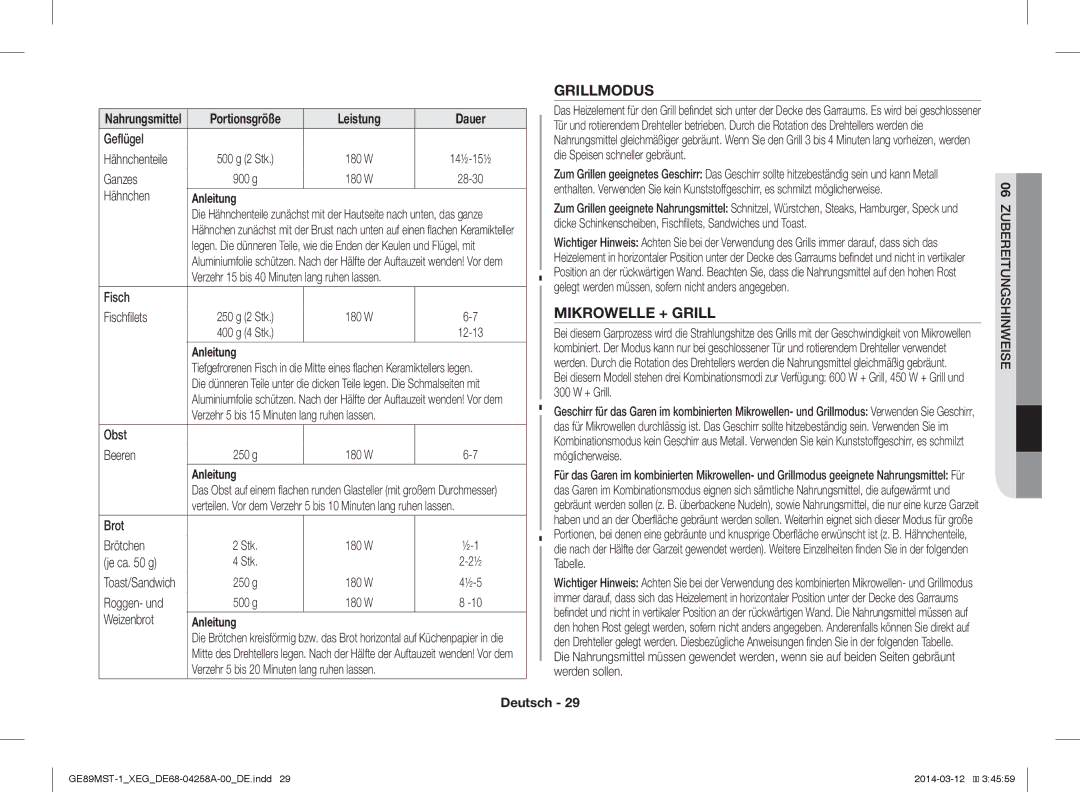 Samsung GE89MST-1/XEG manual Grillmodus, Mikrowelle + Grill 