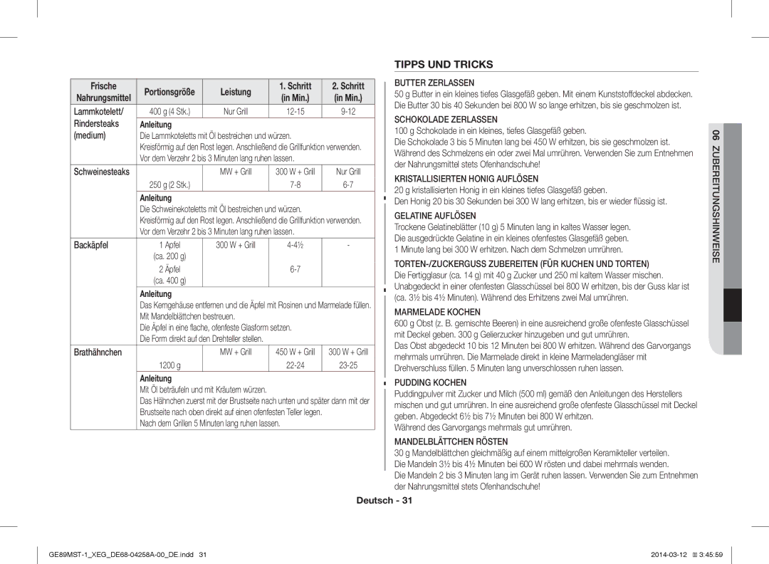 Samsung GE89MST-1/XEG manual Tipps UND Tricks, Leistung Schritt 