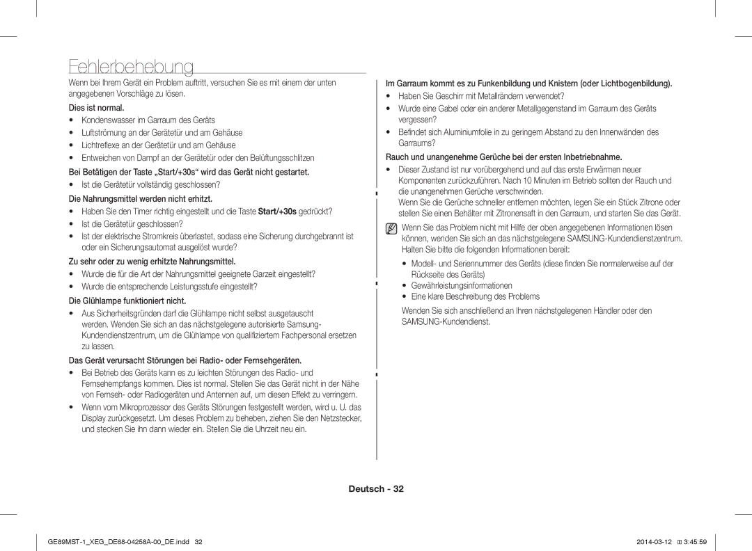 Samsung GE89MST-1/XEG manual Fehlerbehebung 