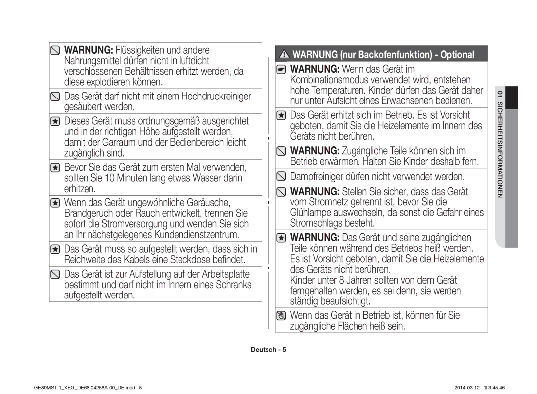 Samsung GE89MST-1/XEG manual Warnung nur Backofenfunktion Optional 