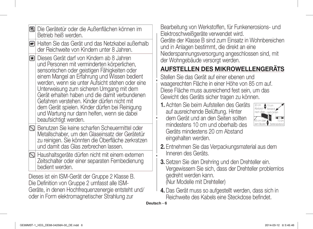 Samsung GE89MST-1/XEG manual Aufstellen DES Mikrowellengeräts 