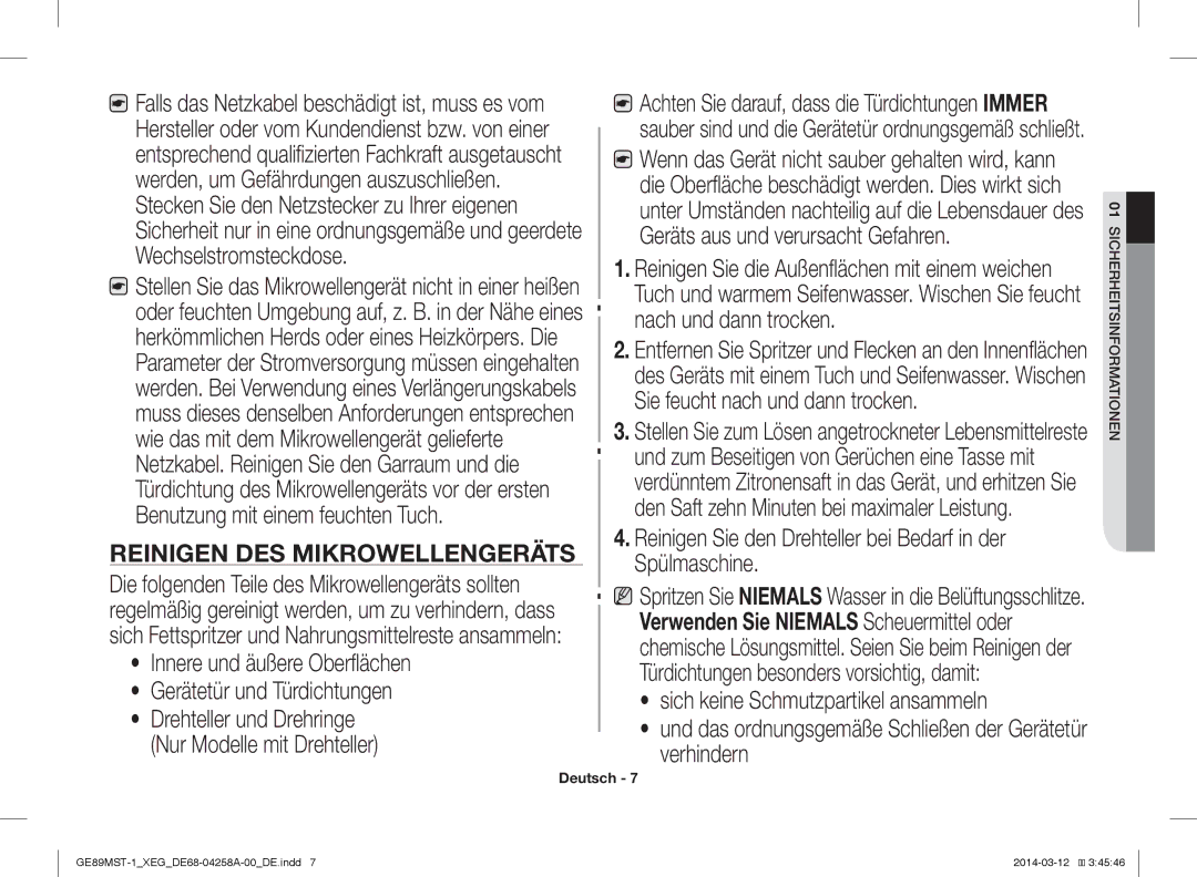 Samsung GE89MST-1/XEG manual Reinigen DES Mikrowellengeräts 