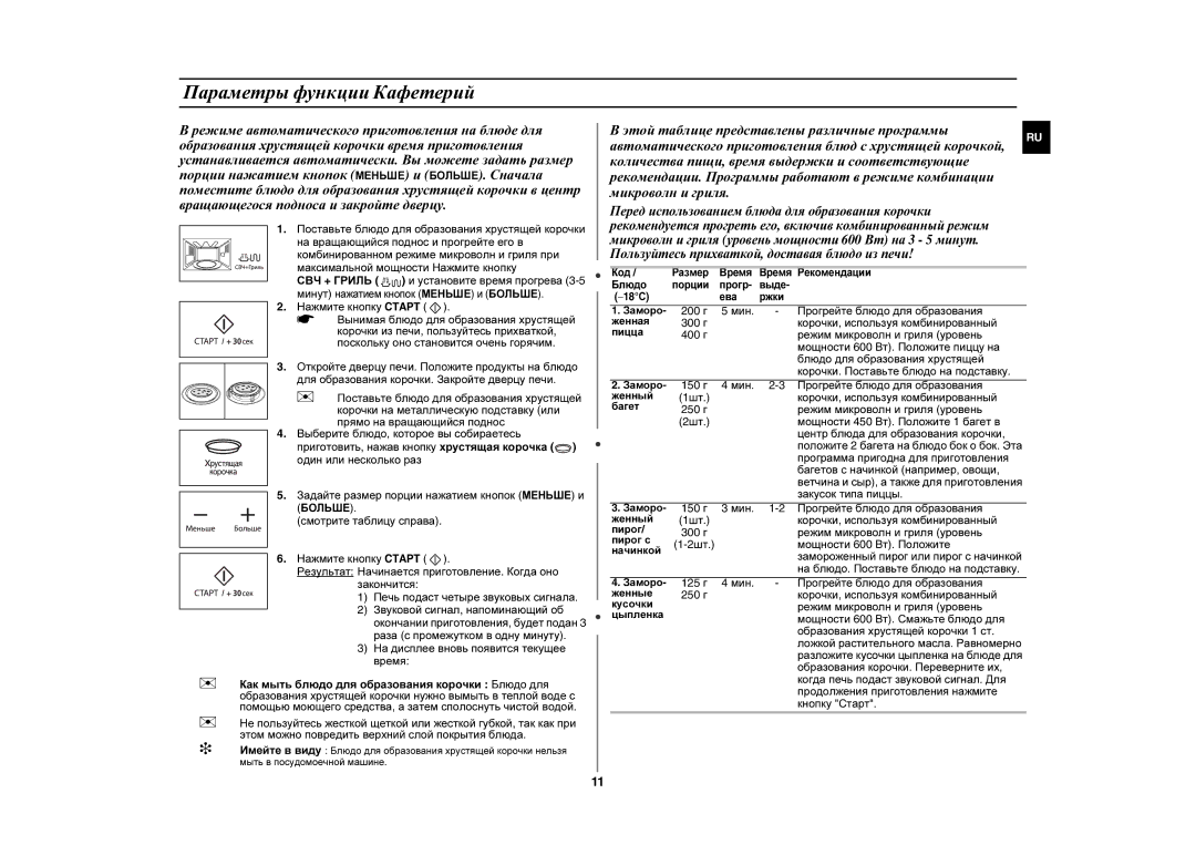 Samsung GE89MSTR/BWT, GE89MST-P/BAL, GE89MSTR-P/BWT manual Параметры функции Кафетерий 