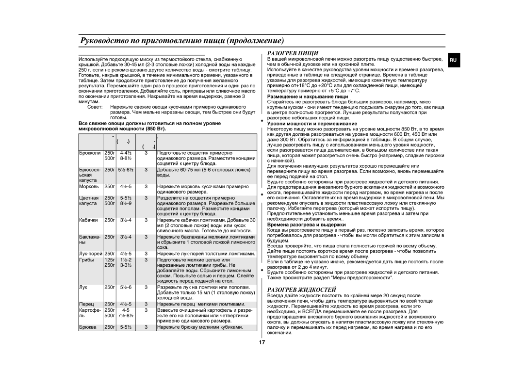 Samsung GE89MSTR/BWT, GE89MST-P/BAL manual Руководство по приготовлению пищи продолжение, Разогрев Пищи, Разогрев Жидкостей 